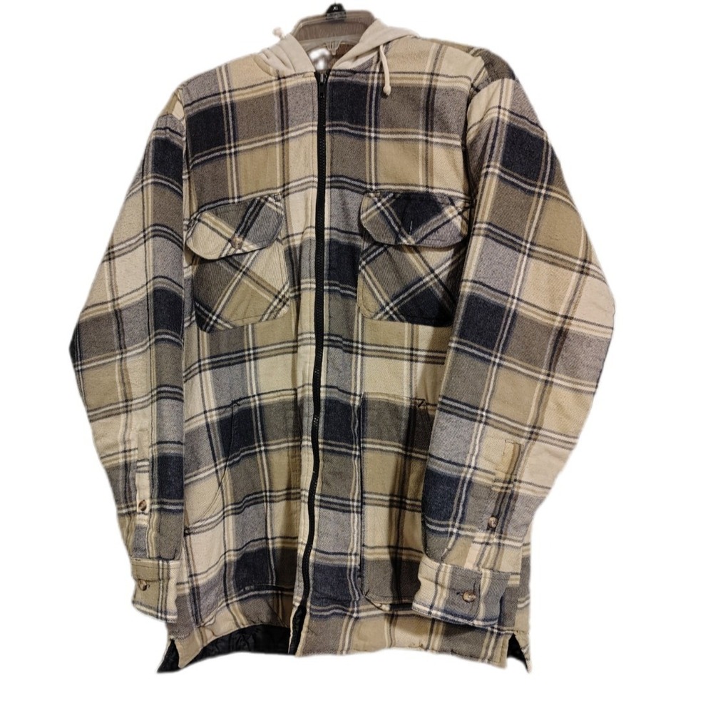 Vtg Y2K / 90s Heavyweight Quilted Lined Hooded Flannel Jacket Shacket M Grunge